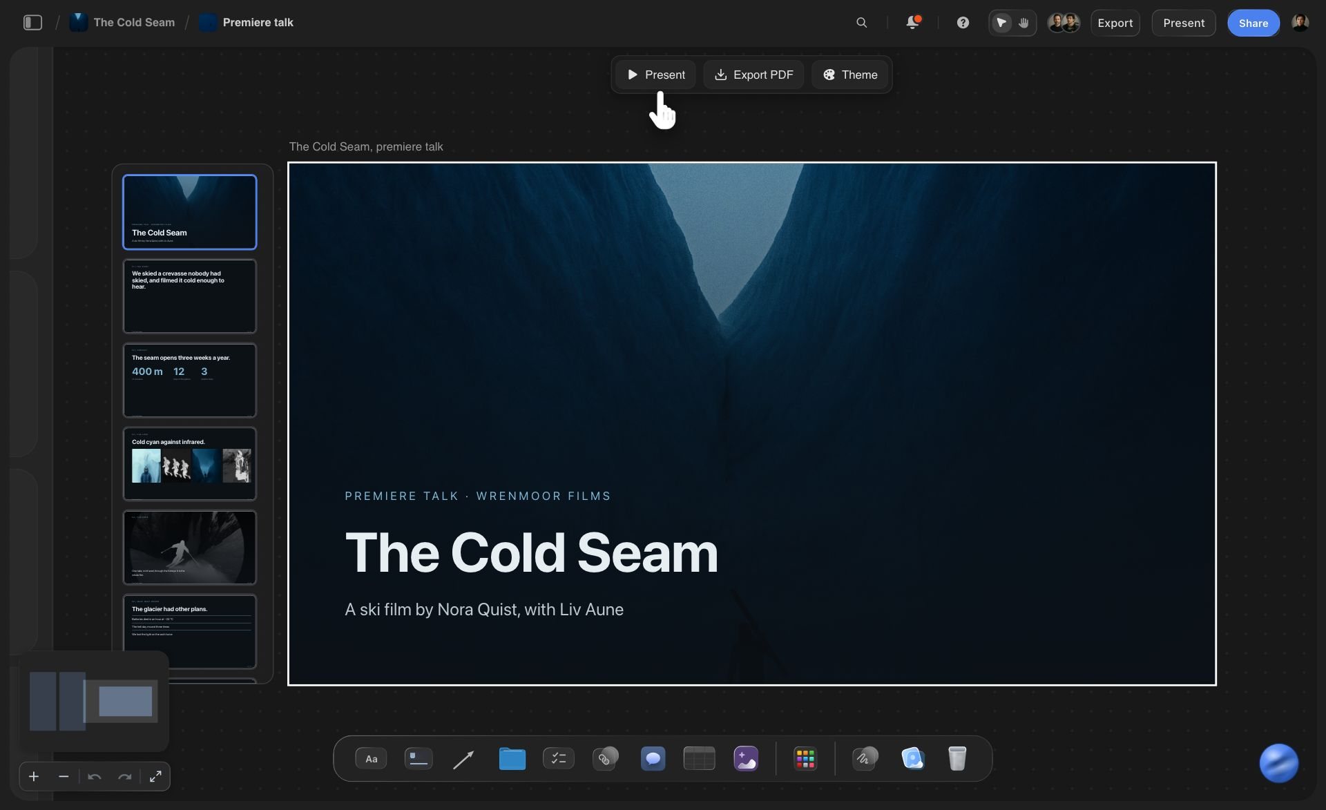 A designed title slide open on a Storyflow board, with a column of the other slides in order beside it and Present, Export PDF and Theme buttons above